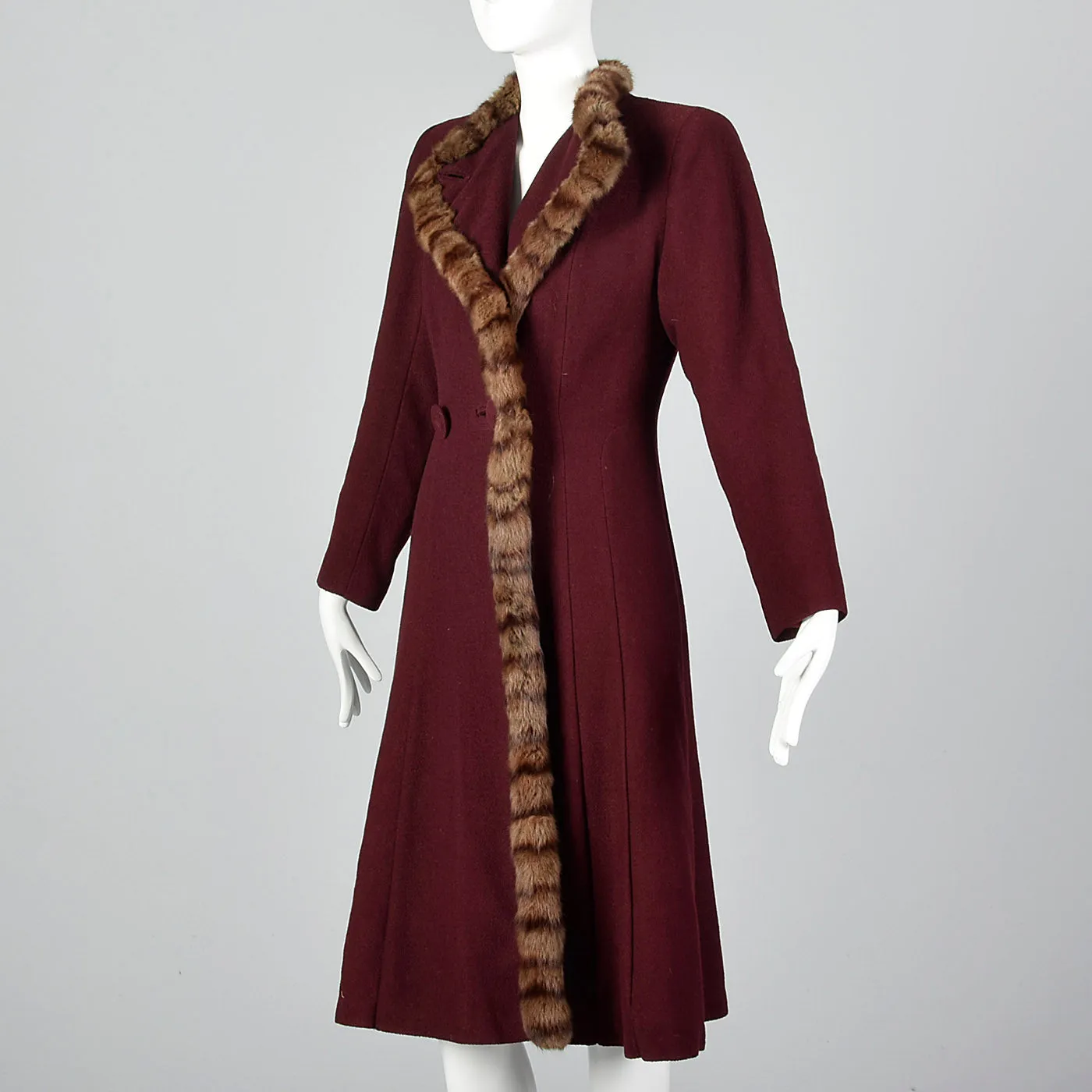 1940s Burgundy Wool Coat with Fur Trim