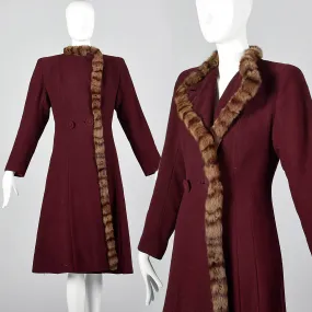1940s Burgundy Wool Coat with Fur Trim