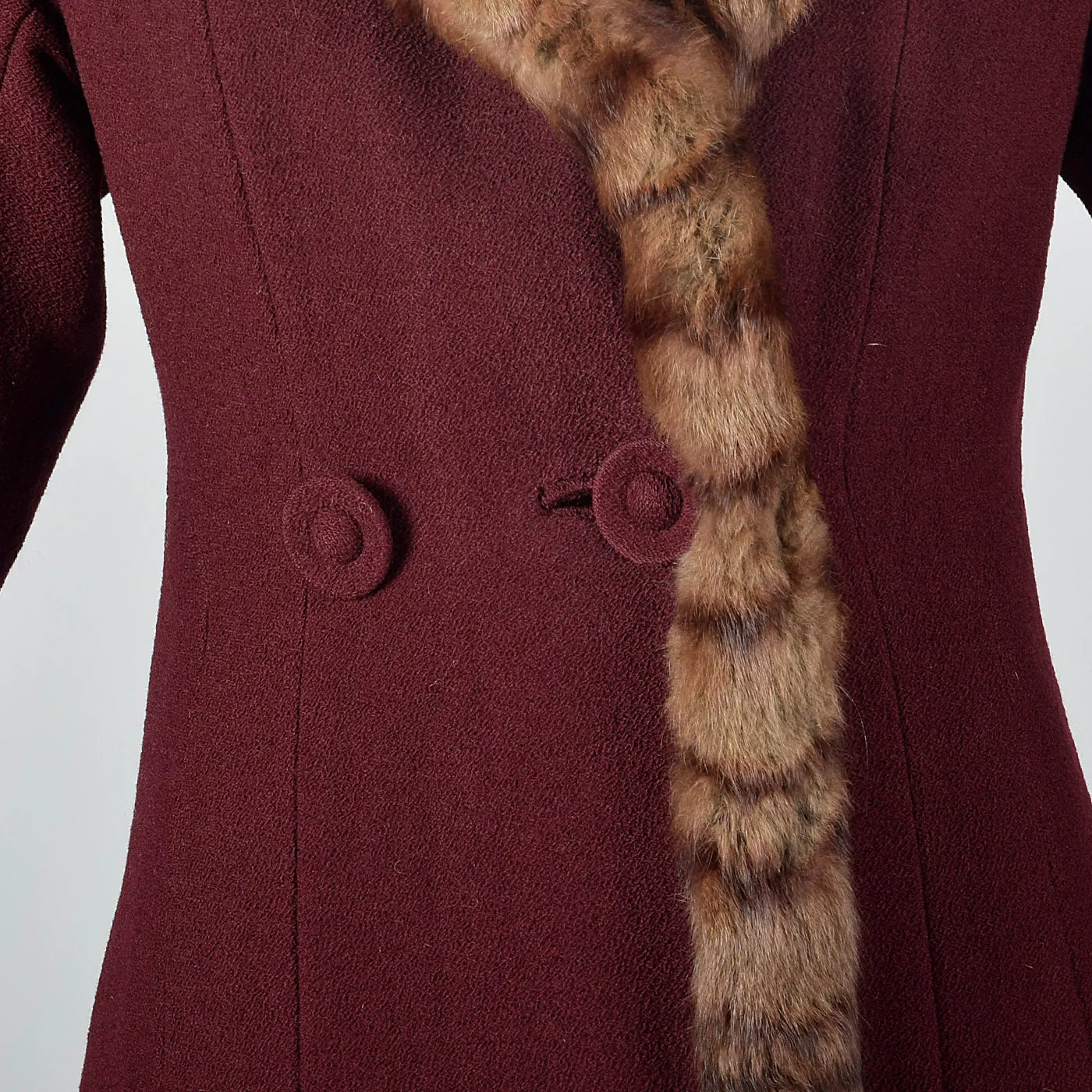 1940s Burgundy Wool Coat with Fur Trim