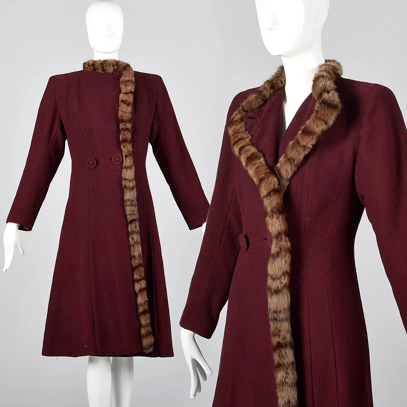 1940s Burgundy Wool Coat with Fur Trim