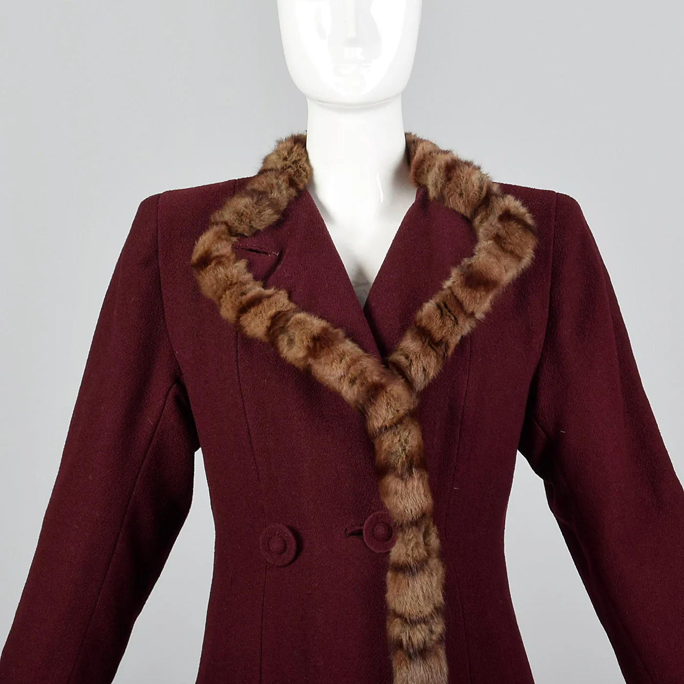 1940s Burgundy Wool Coat with Fur Trim