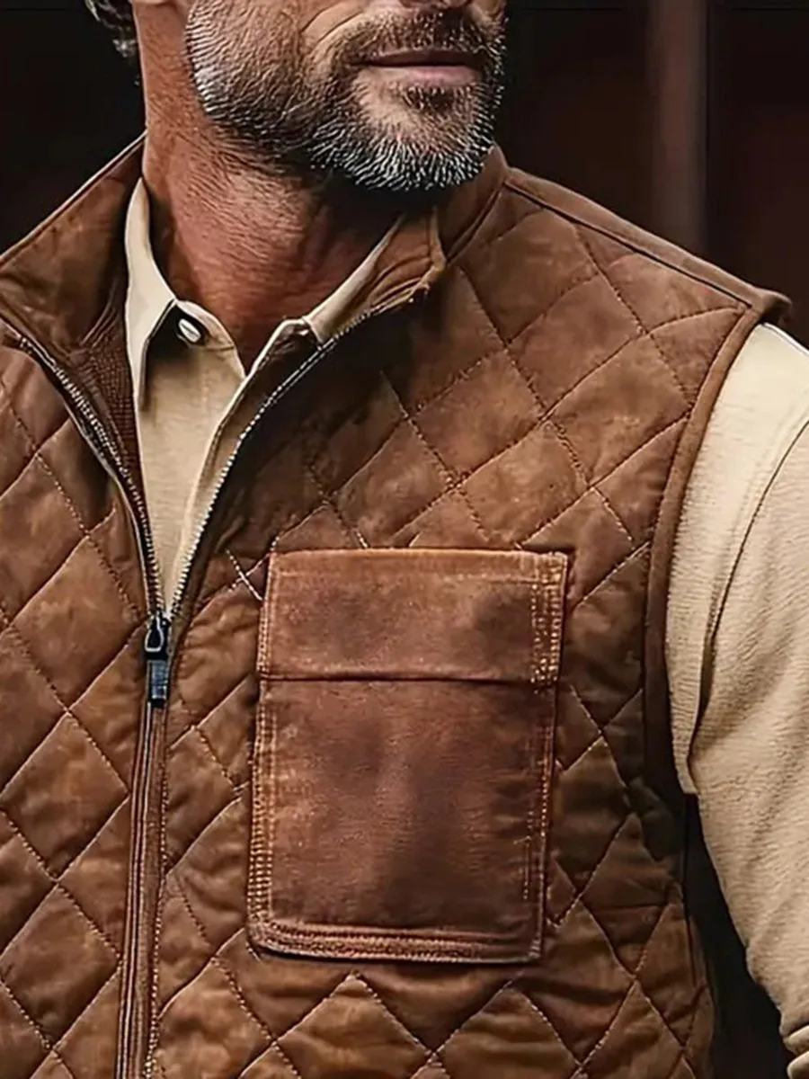 【24-hour shipping】Vintage Stand Collar Zipper Quilted Vest
