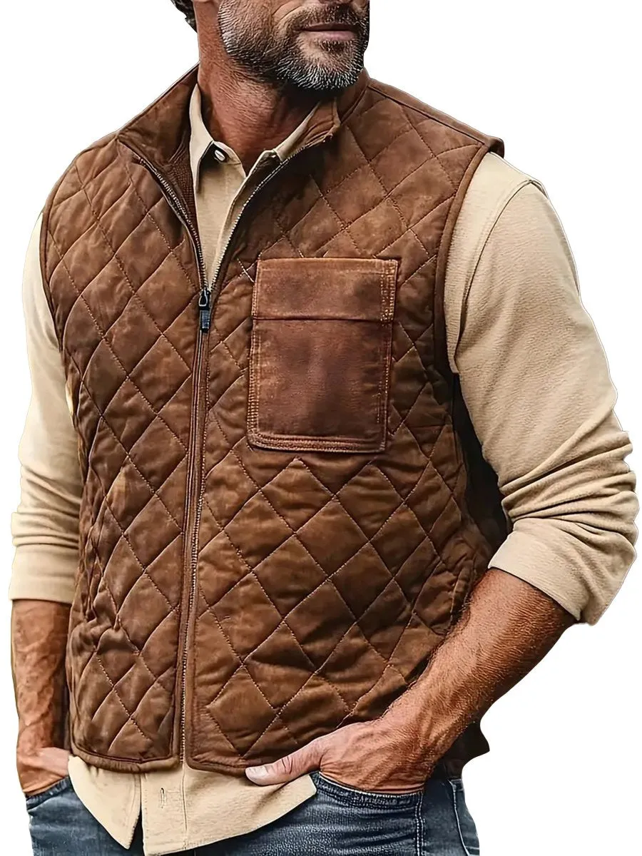 【24-hour shipping】Vintage Stand Collar Zipper Quilted Vest