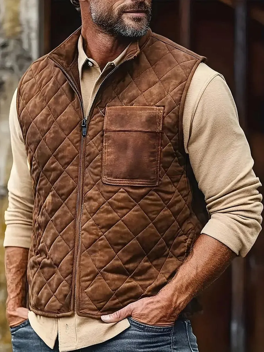 【24-hour shipping】Vintage Stand Collar Zipper Quilted Vest