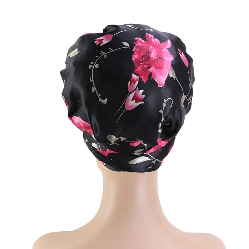 African Pattern Print Satin Bonnet Women Night Sleep Cap Long Ribbon Headwrap Double Layer Headscarf Big Size Adult Hair Cover