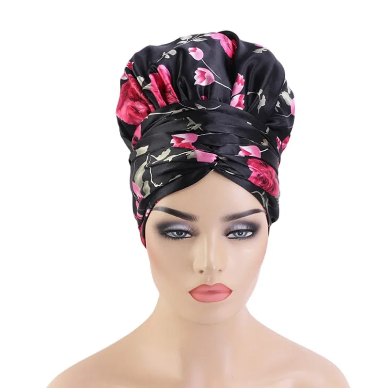 African Pattern Print Satin Bonnet Women Night Sleep Cap Long Ribbon Headwrap Double Layer Headscarf Big Size Adult Hair Cover
