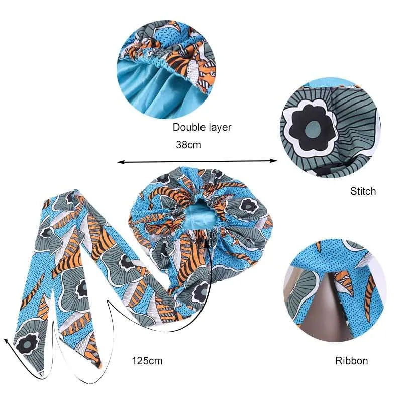 African Pattern Print Satin Bonnet Women Night Sleep Cap Long Ribbon Headwrap Double Layer Headscarf Big Size Adult Hair Cover