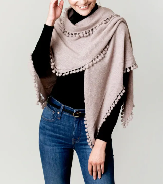 ALPINE CASHMERE POM-POM TRIANGLE WRAP
