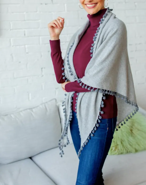 ALPINE CASHMERE POM-POM TRIANGLE WRAP