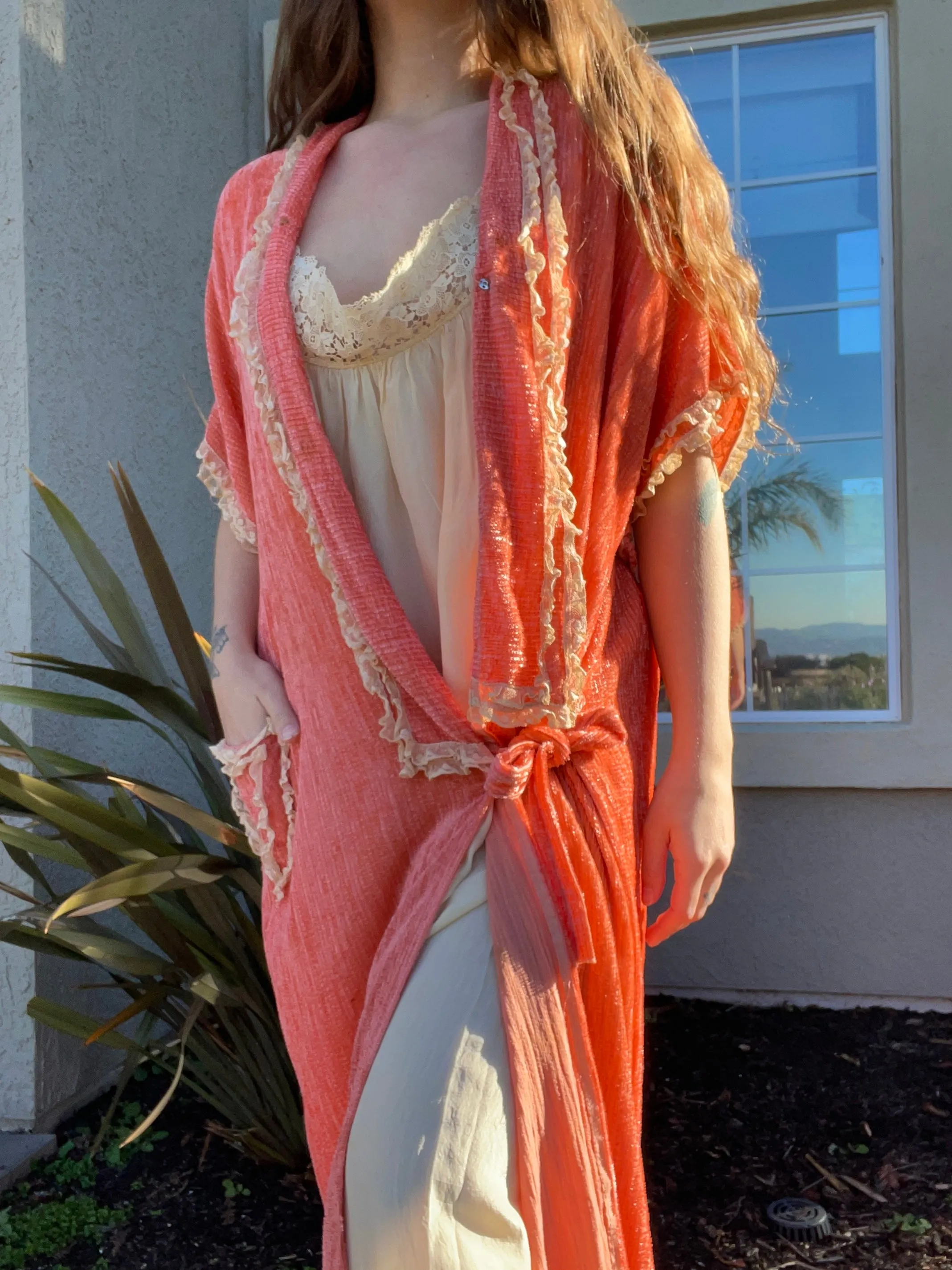 Antique 1920s Coral Chenille Robe