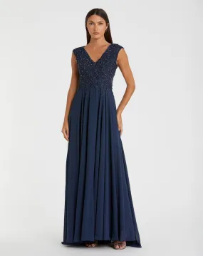 Applique Cap Sleeve Bodice Flowy Gown