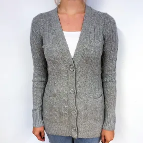 Ash Grey Cable Cashmere Long V-Neck Cardigan Small.