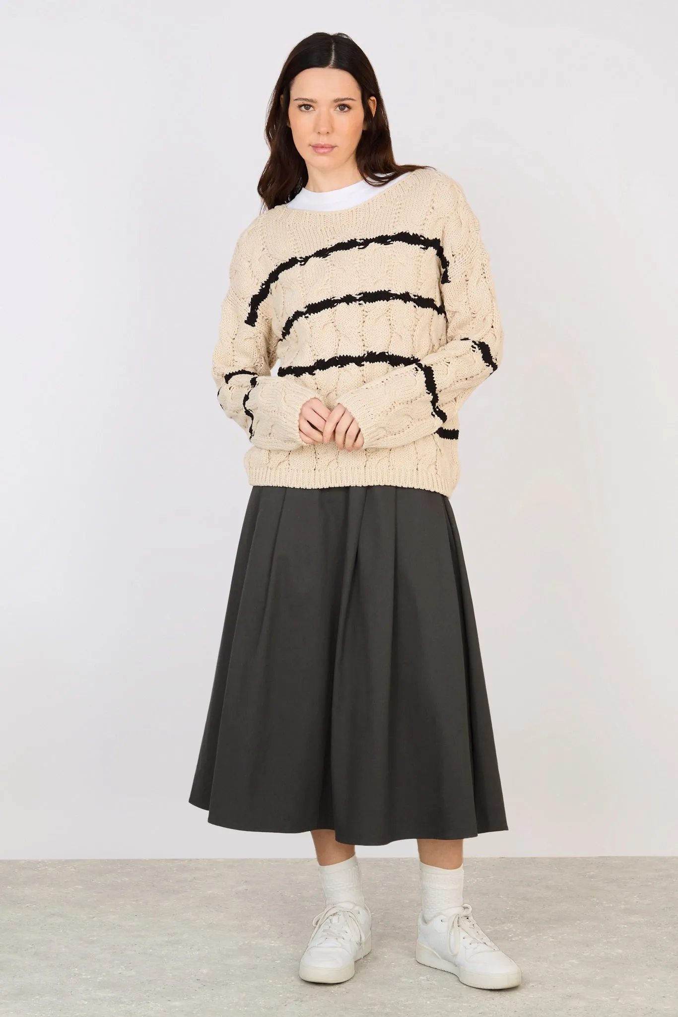 Beige and black striped cable knit jumper