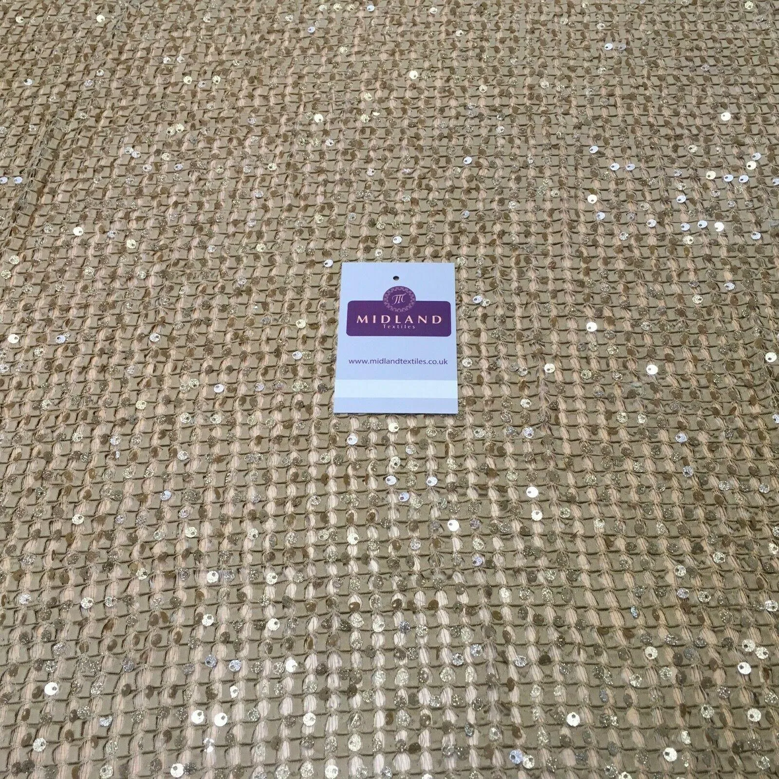 Beige Gold Knit Jersey Sequins Net mesh Ideal for scarfs 127 cm Wide MR1108