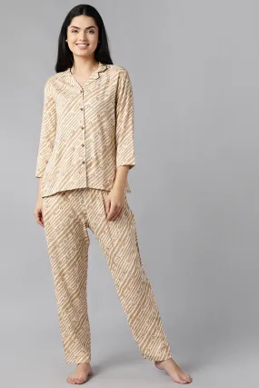 Beige Pure Cotton Ethnic Motifs Night Suit