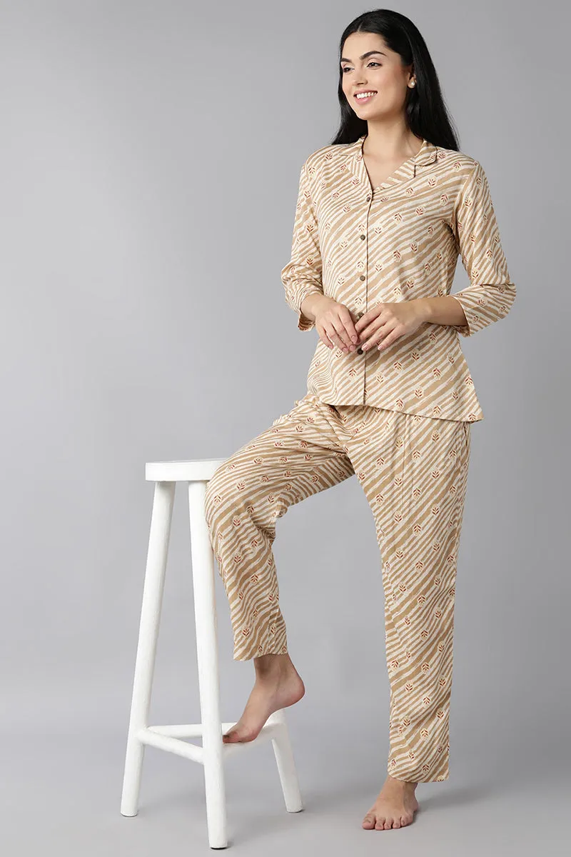 Beige Pure Cotton Ethnic Motifs Night Suit