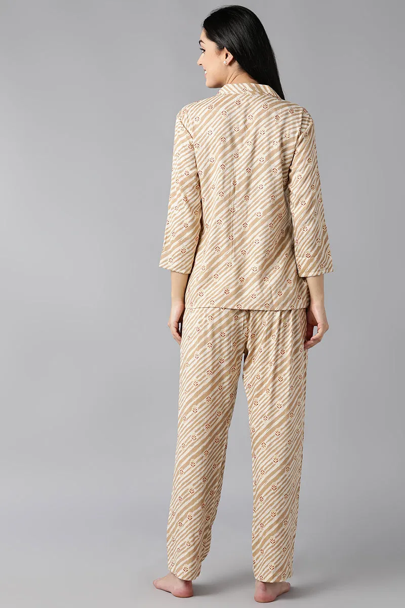 Beige Pure Cotton Ethnic Motifs Night Suit