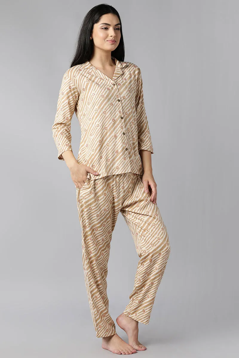 Beige Pure Cotton Ethnic Motifs Night Suit