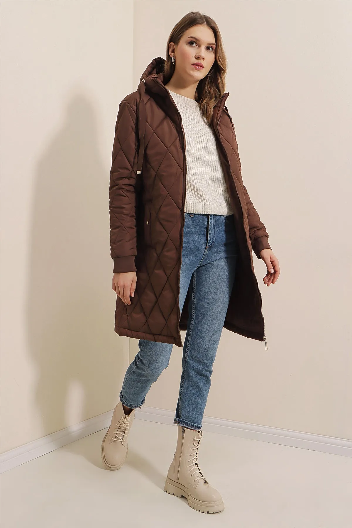 BGD Women Quilted Long Puffer Jacket - Brown - Avondale
