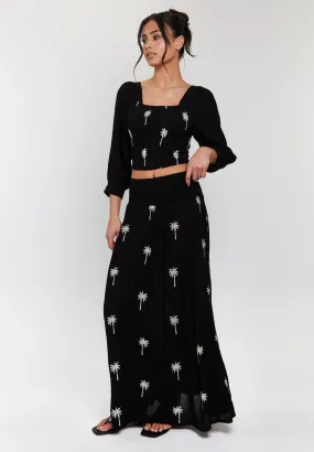 Black Embroidered Shirred Waist Maxi Skirt