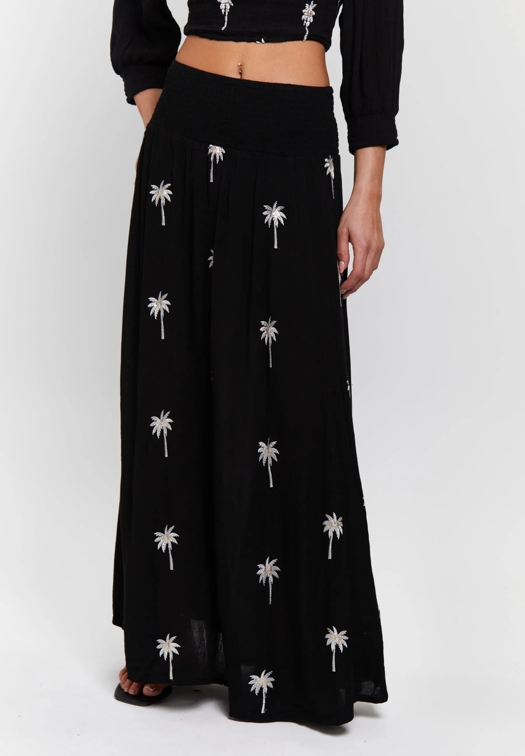 Black Embroidered Shirred Waist Maxi Skirt