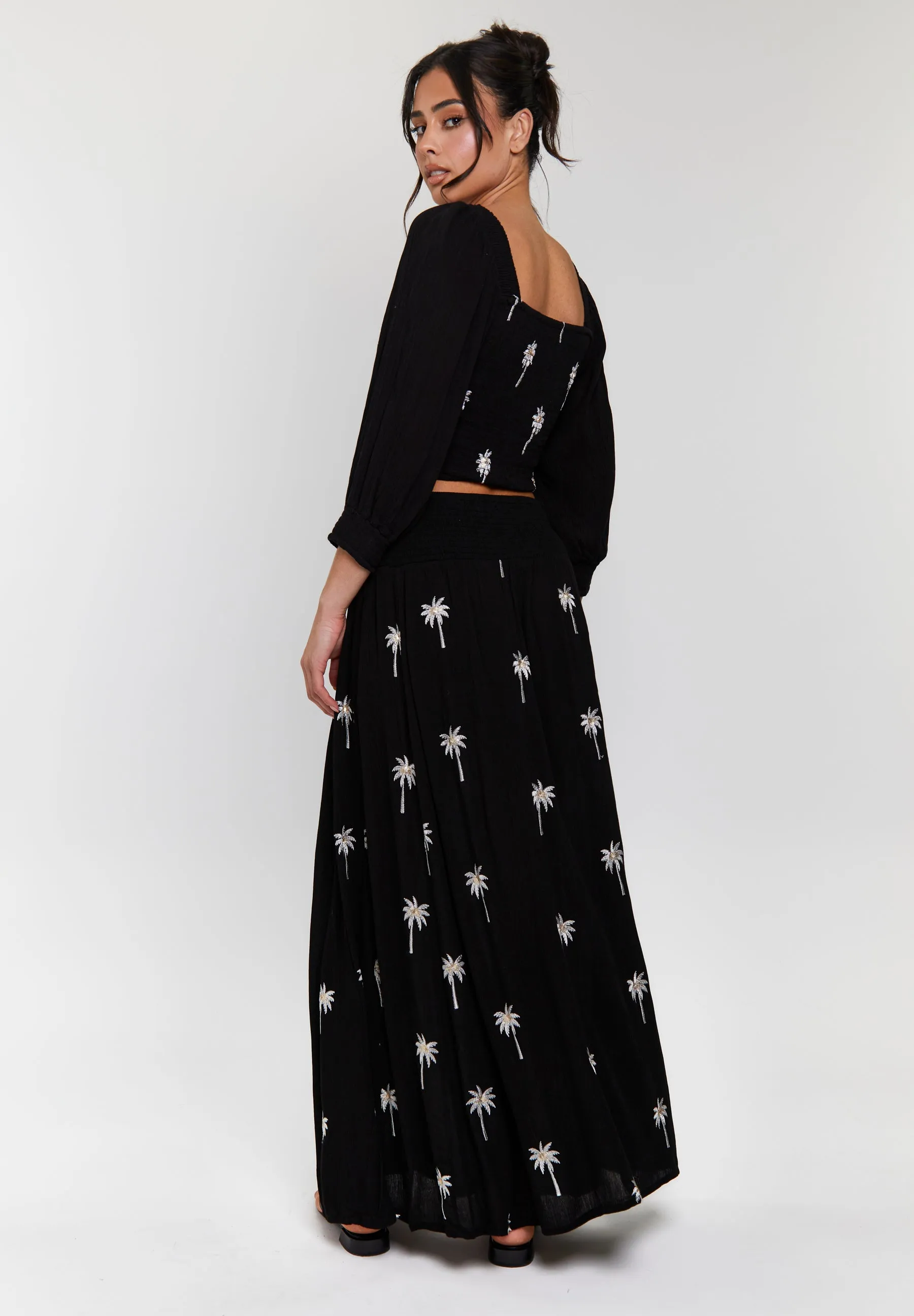 Black Embroidered Shirred Waist Maxi Skirt