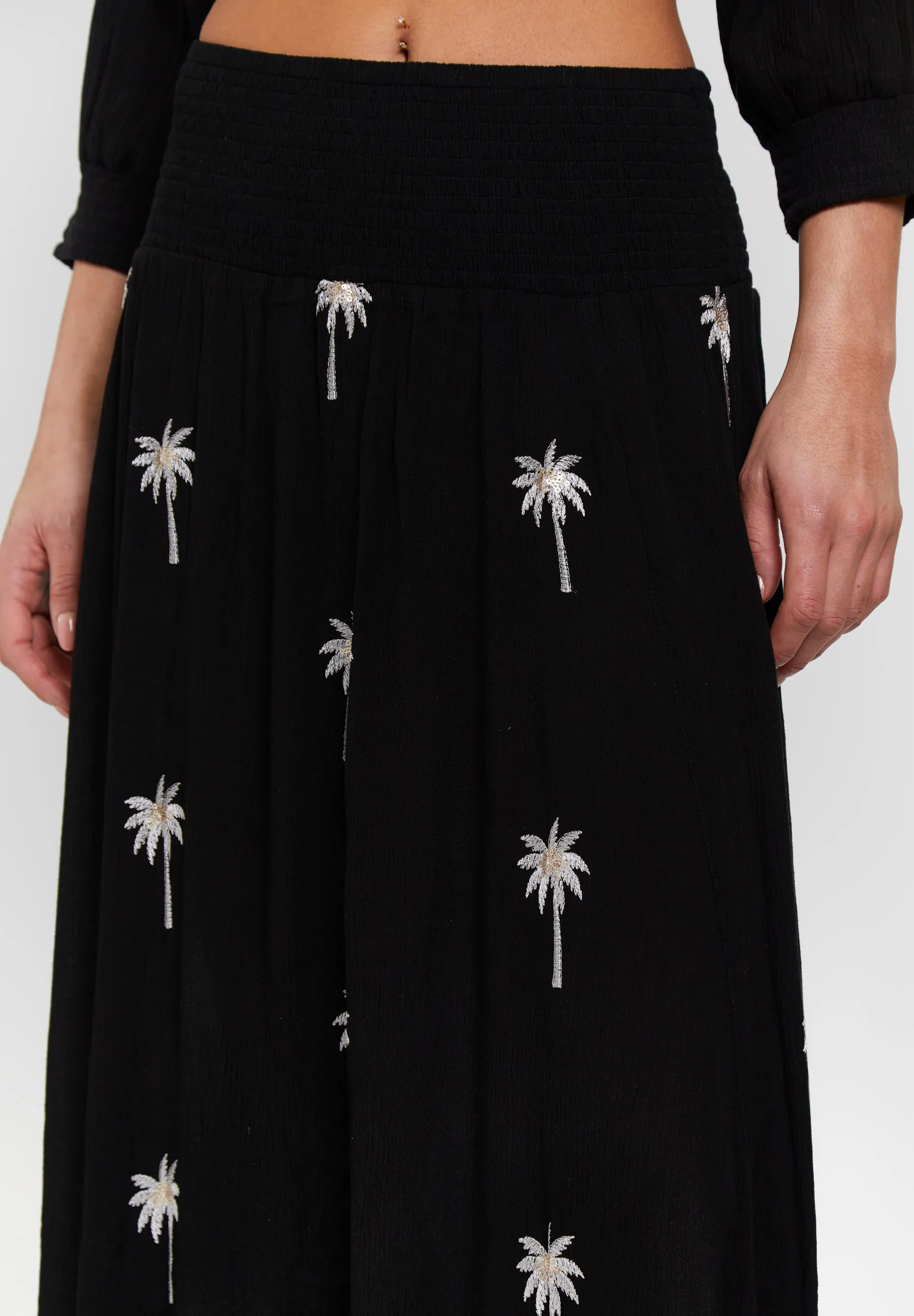 Black Embroidered Shirred Waist Maxi Skirt