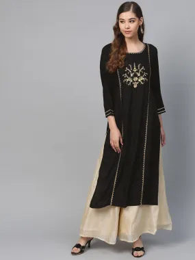 Black Front Panel Zari Embroidery Kurta