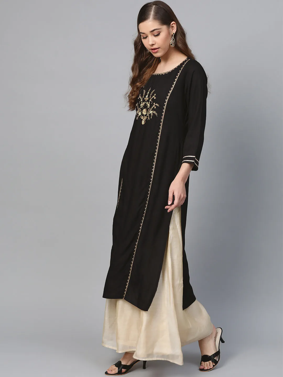 Black Front Panel Zari Embroidery Kurta
