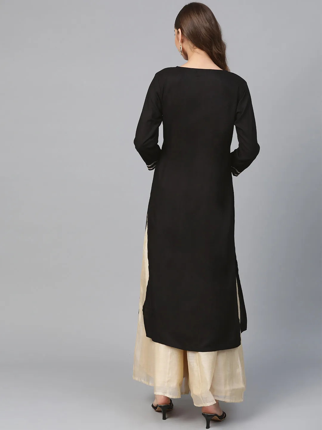 Black Front Panel Zari Embroidery Kurta