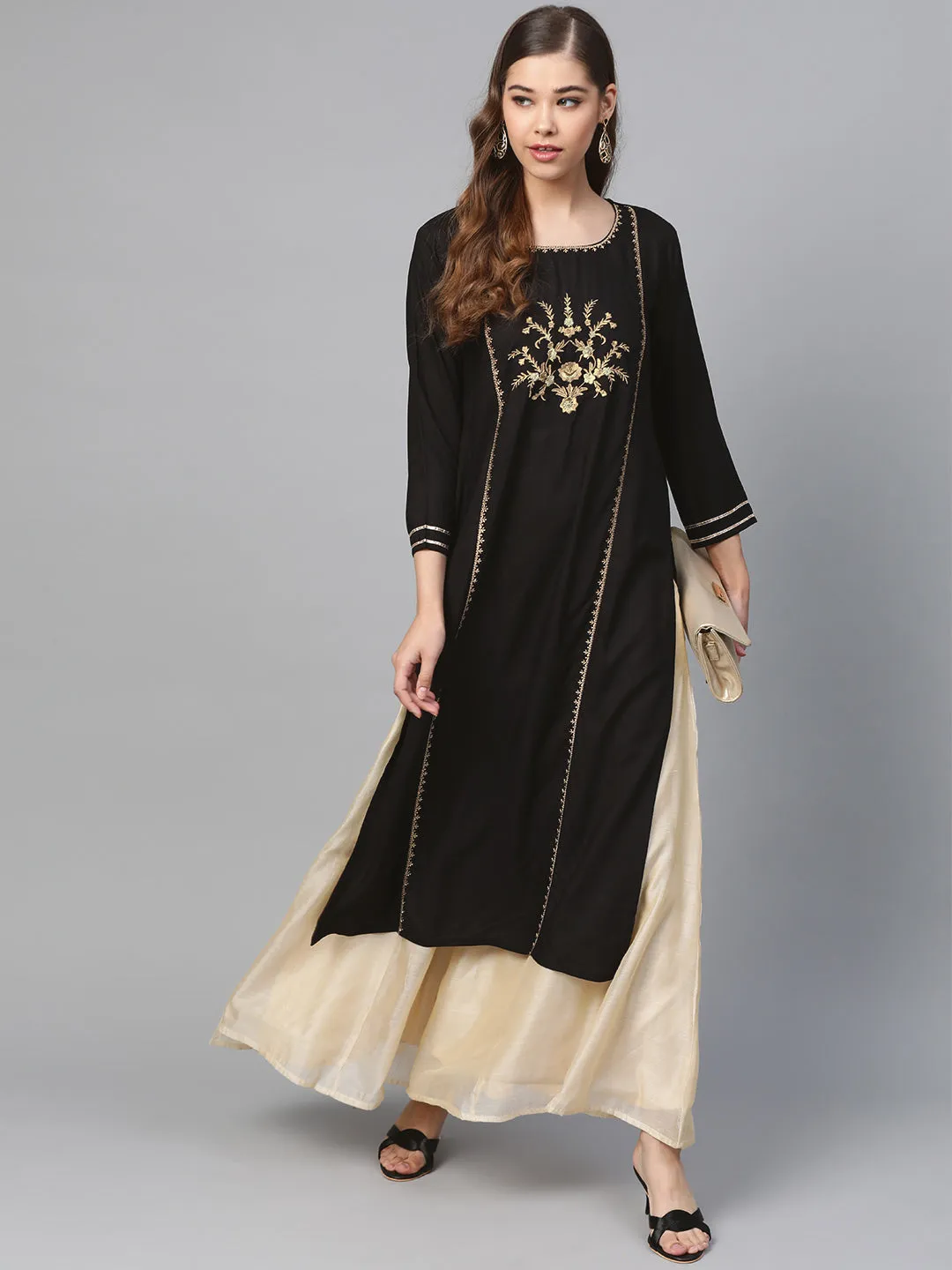 Black Front Panel Zari Embroidery Kurta
