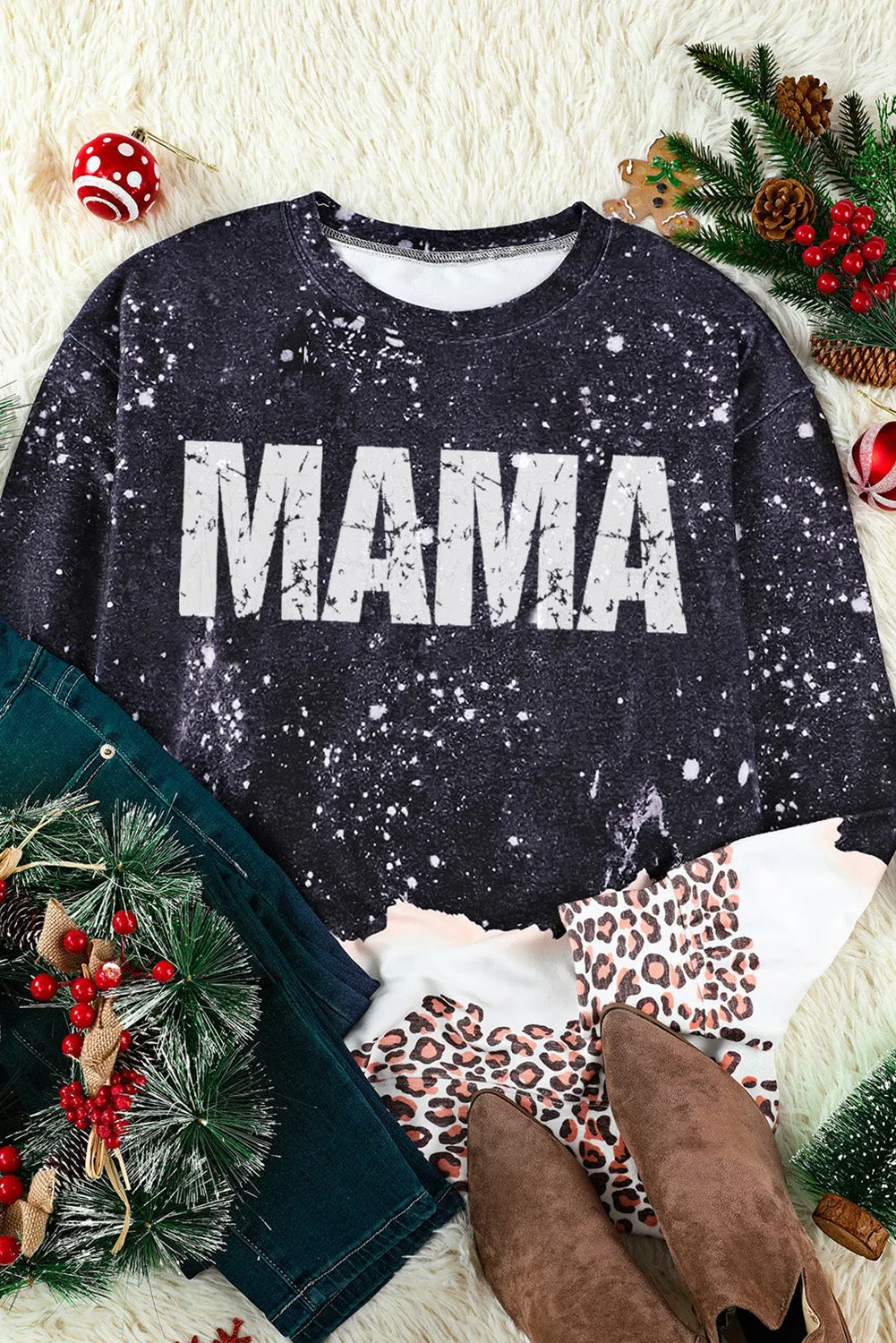 Black Mama Bleached Leopard Trim Pullover Sweatshirt