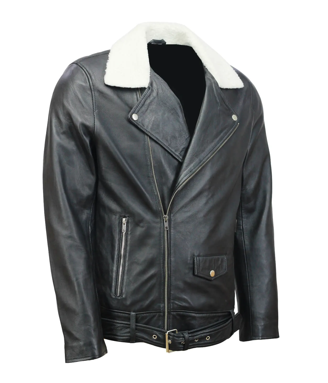 Black Motorcycle Leather Jacket with Fur Collar