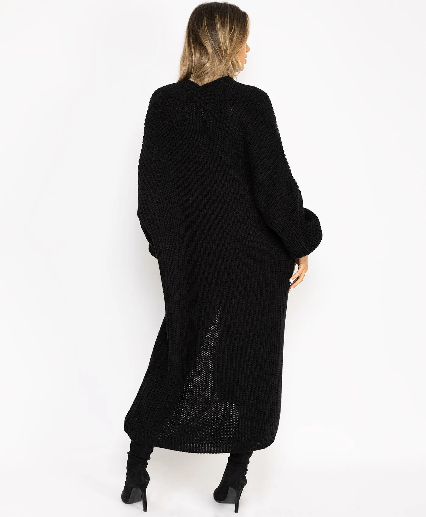 Black Oversize Baloon Sleeve Open Long Cardigan
