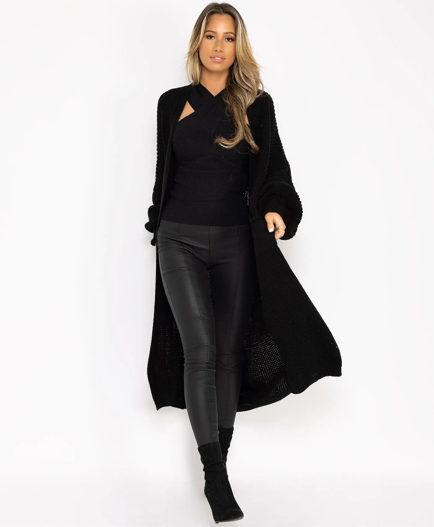 Black Oversize Baloon Sleeve Open Long Cardigan