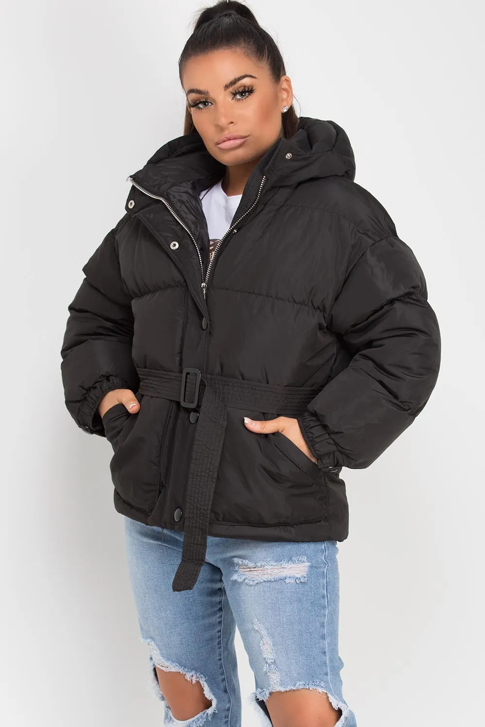 Black Puffer Padded Jacket With Belt