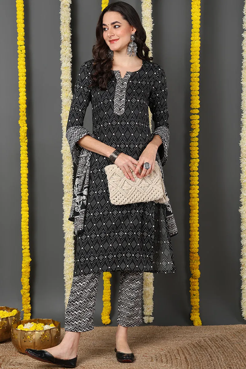 Black Rayon Blend Geometric Printed Straight Suit Set