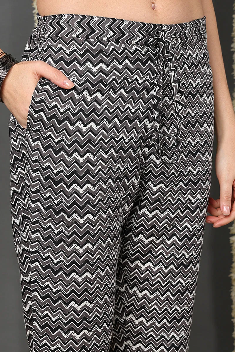 Black Rayon Blend Geometric Printed Straight Suit Set