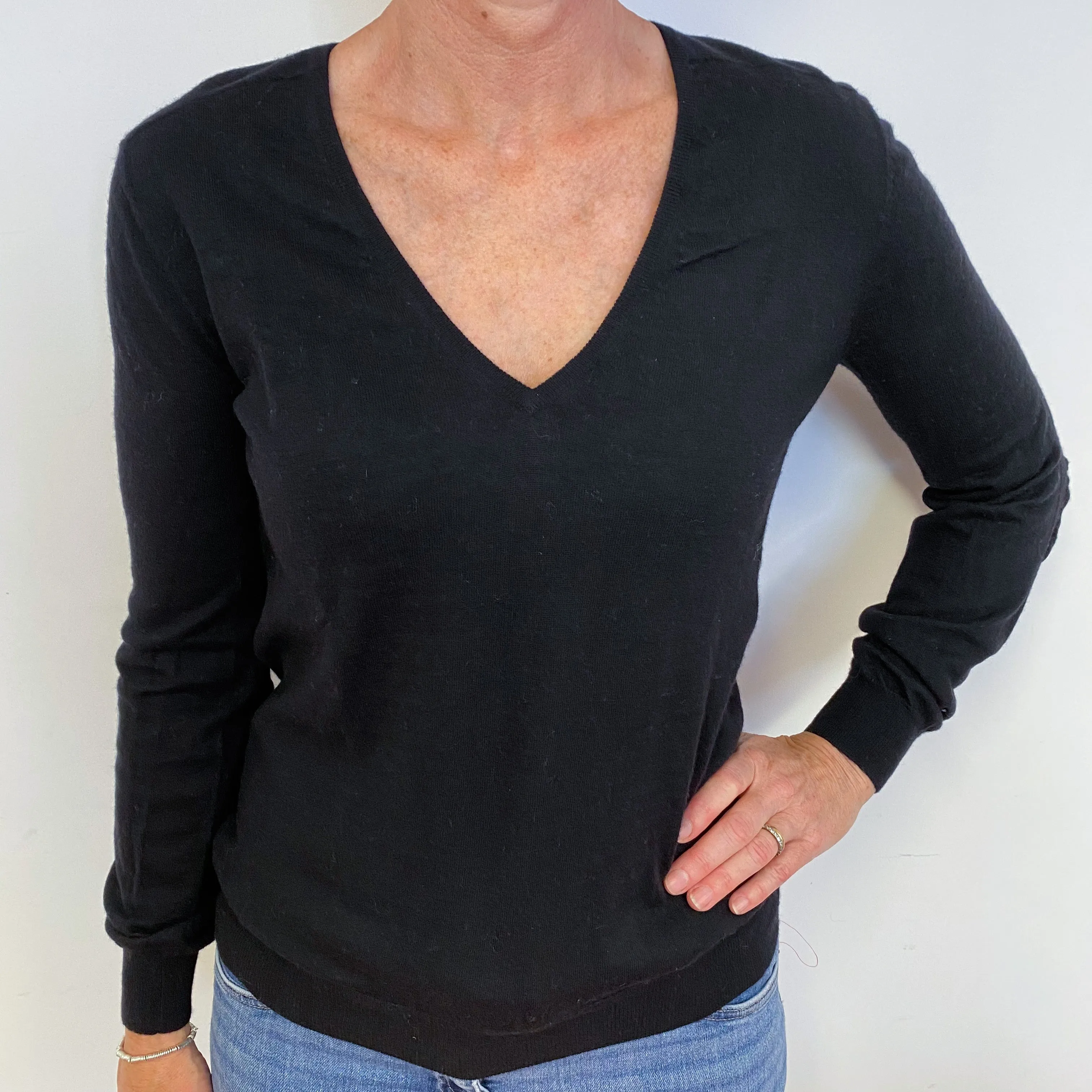 Black Ruffled V Neck Jumper Medium