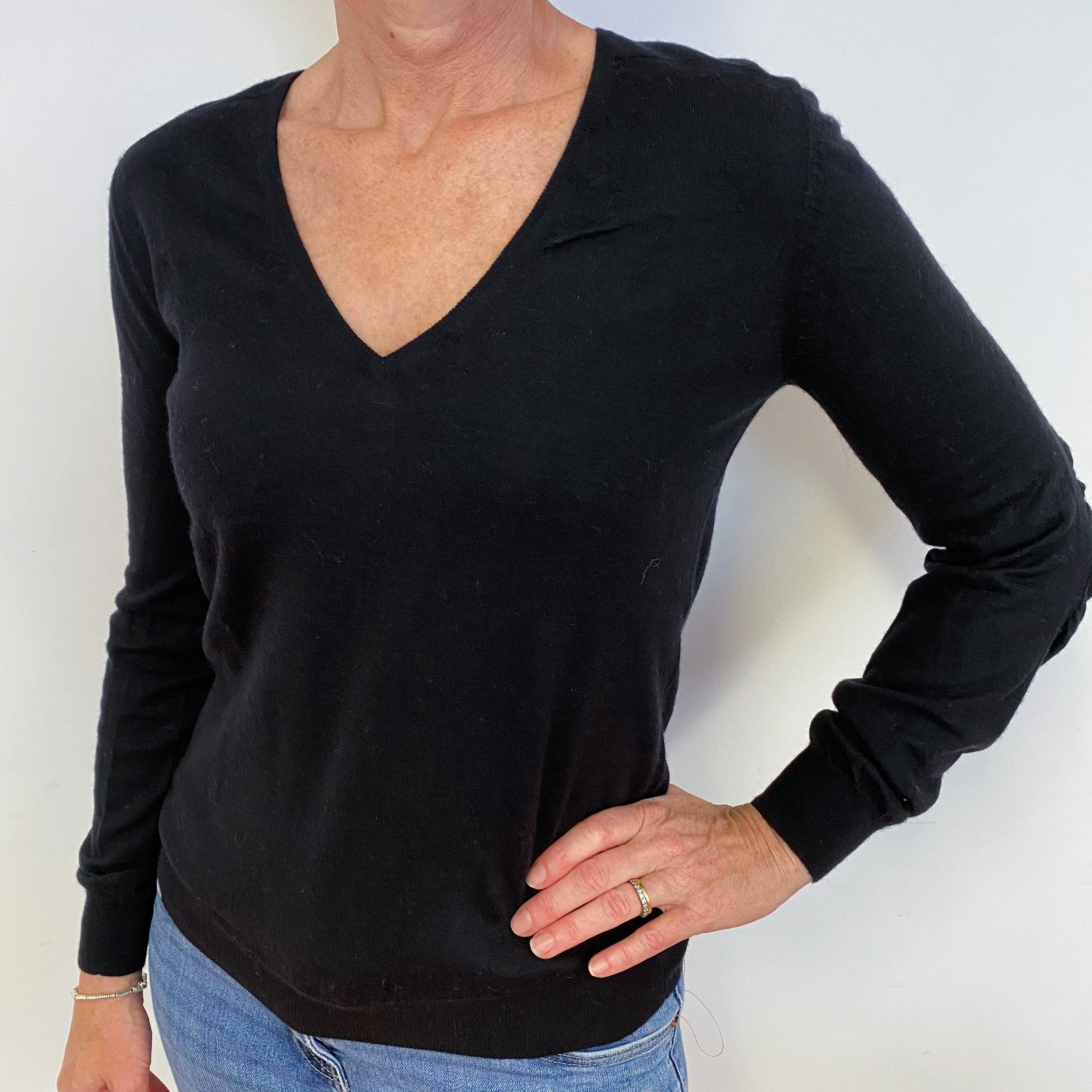 Black Ruffled V Neck Jumper Medium
