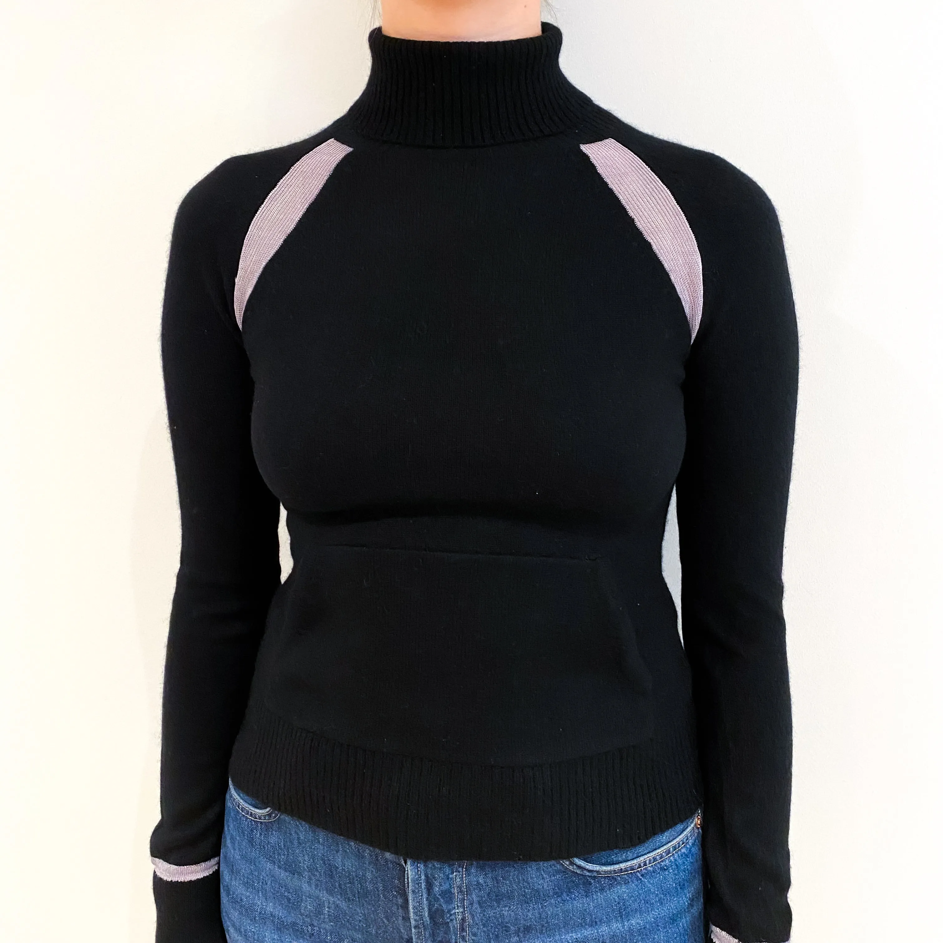 Black Silver Trim Cashmere Polo Neck Jumper with Pocket Small