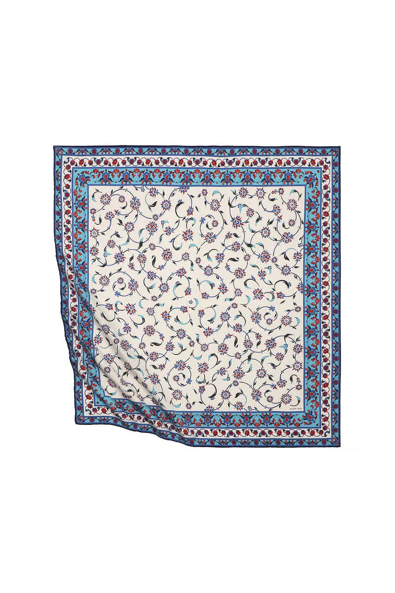 Blue Wildflower Pattern Silky Square Scarf