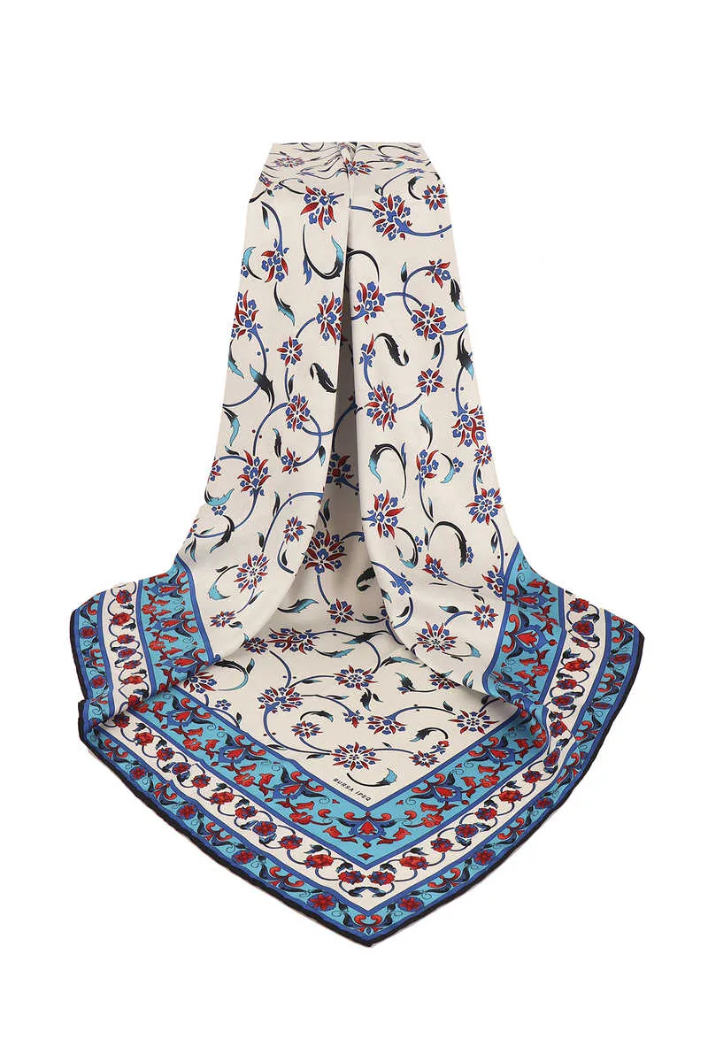 Blue Wildflower Pattern Silky Square Scarf