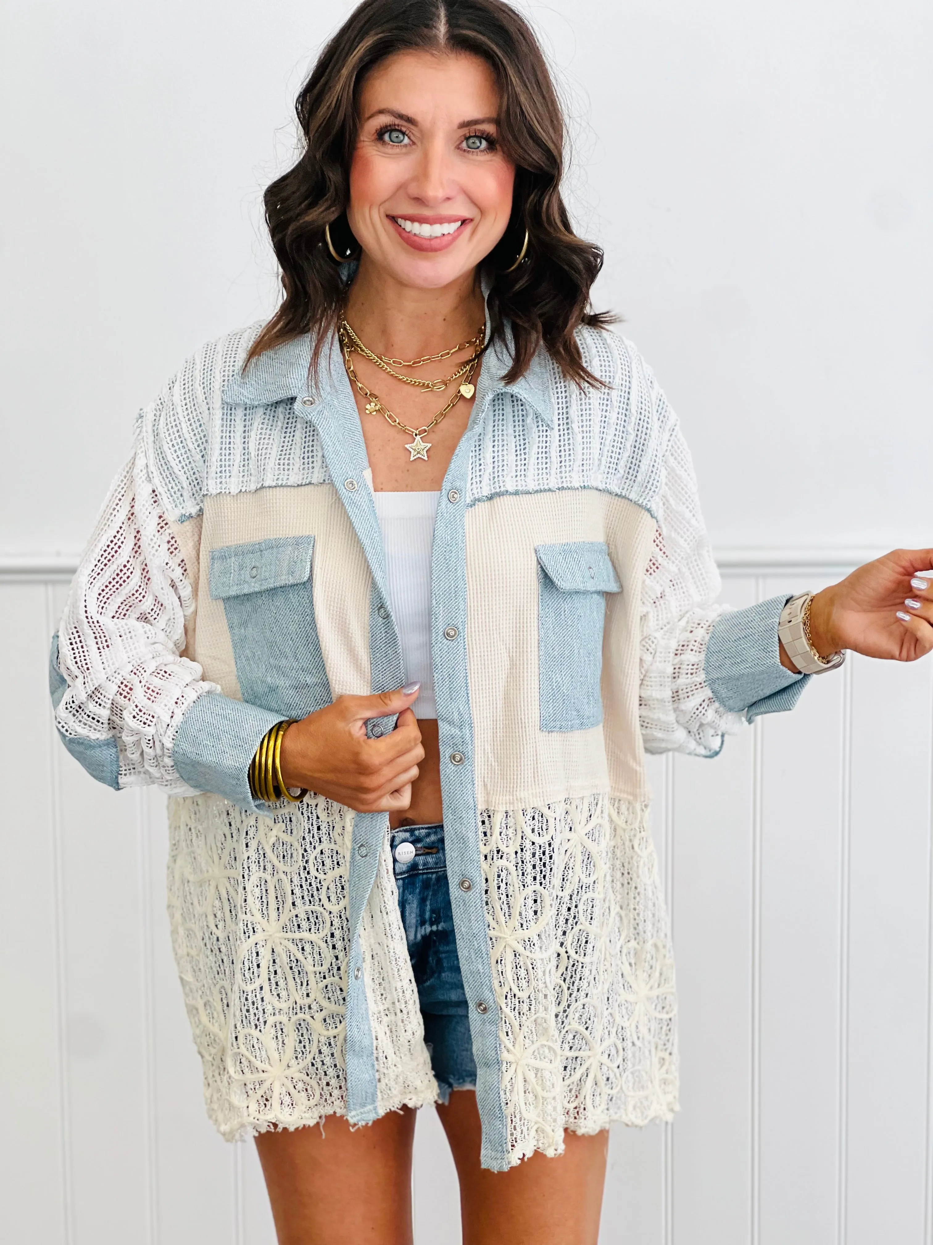 Blue/Ivory Colorblocked Textured Lace Button Down Shacket(Reg.)