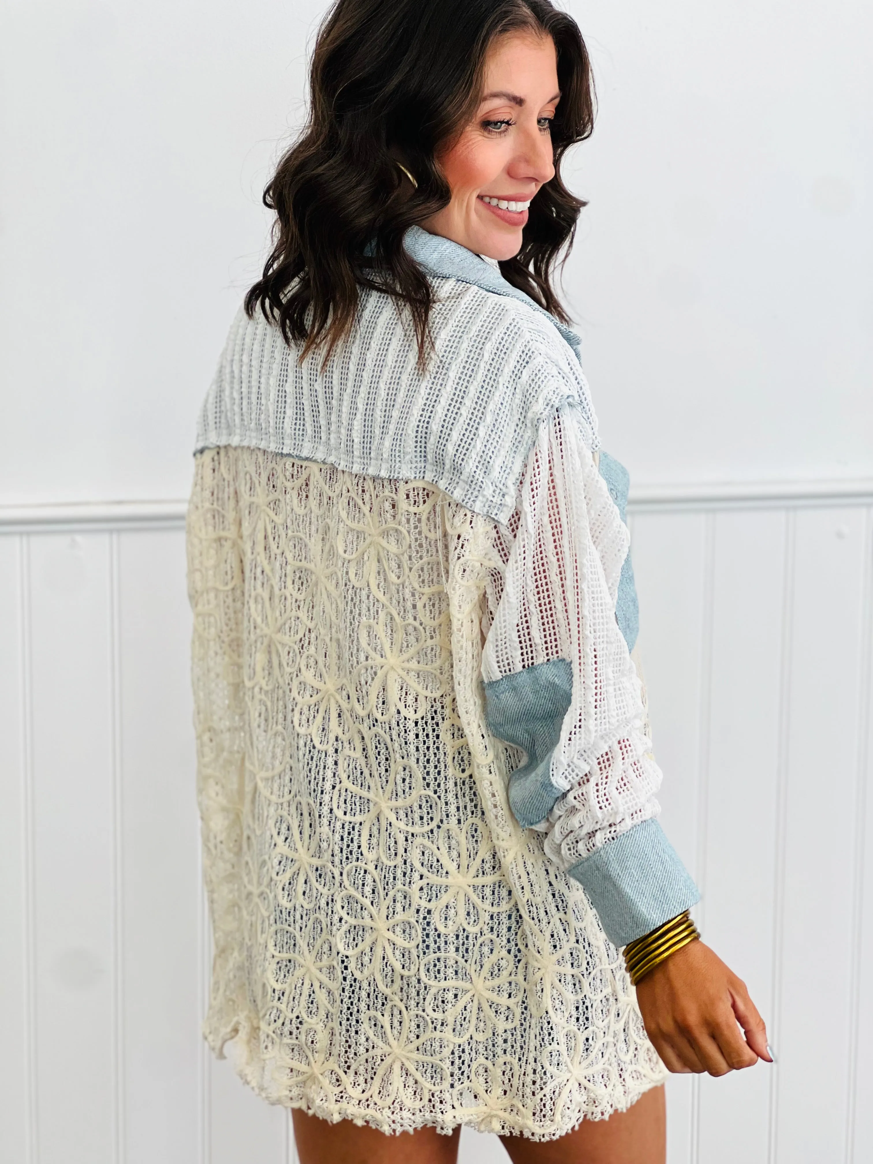 Blue/Ivory Colorblocked Textured Lace Button Down Shacket(Reg.)