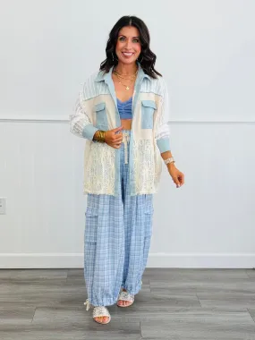 Blue/Ivory Colorblocked Textured Lace Button Down Shacket(Reg.)