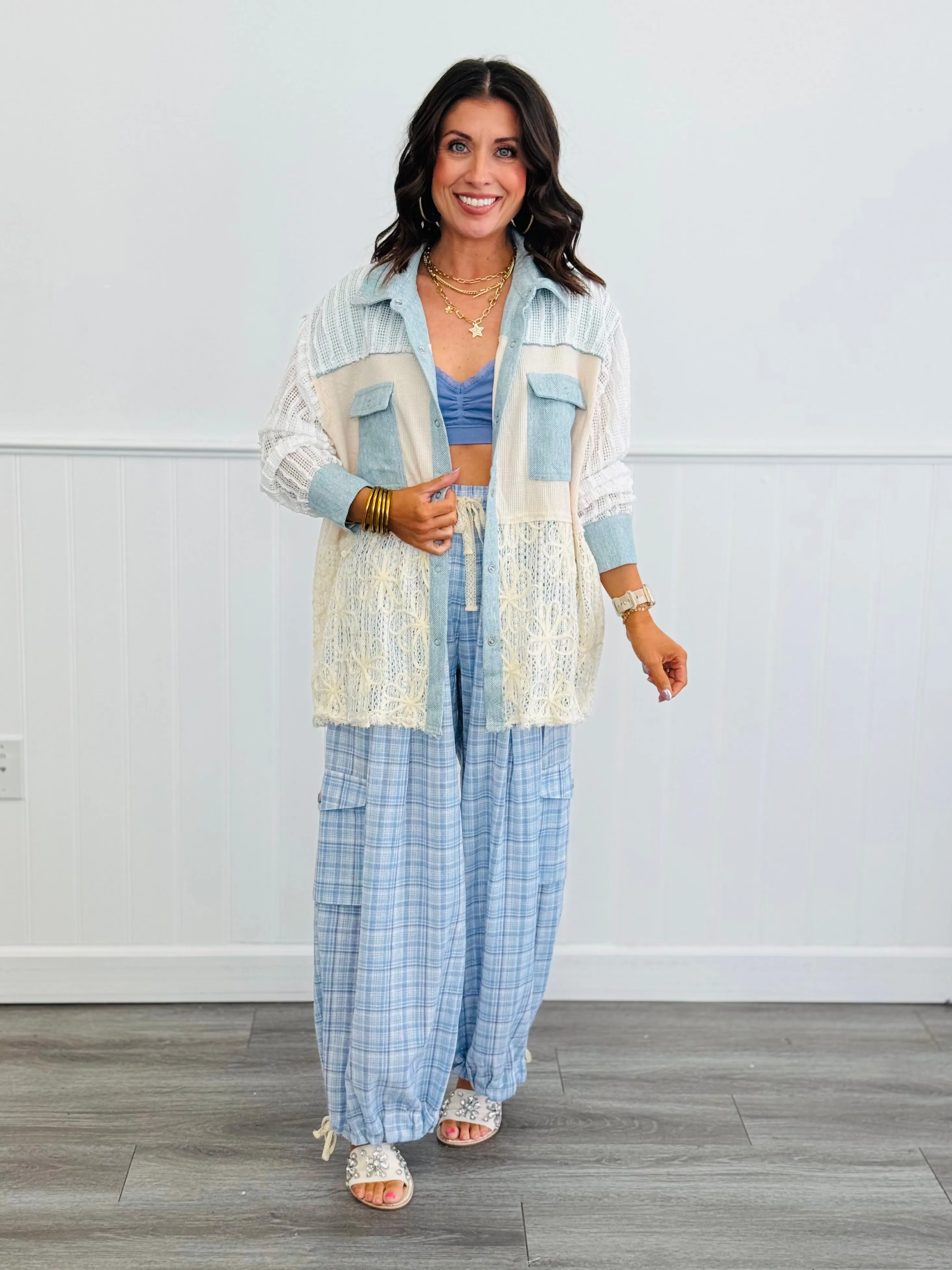 Blue/Ivory Colorblocked Textured Lace Button Down Shacket(Reg.)