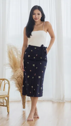 Blume Embroidery Midi Skirt in Navy