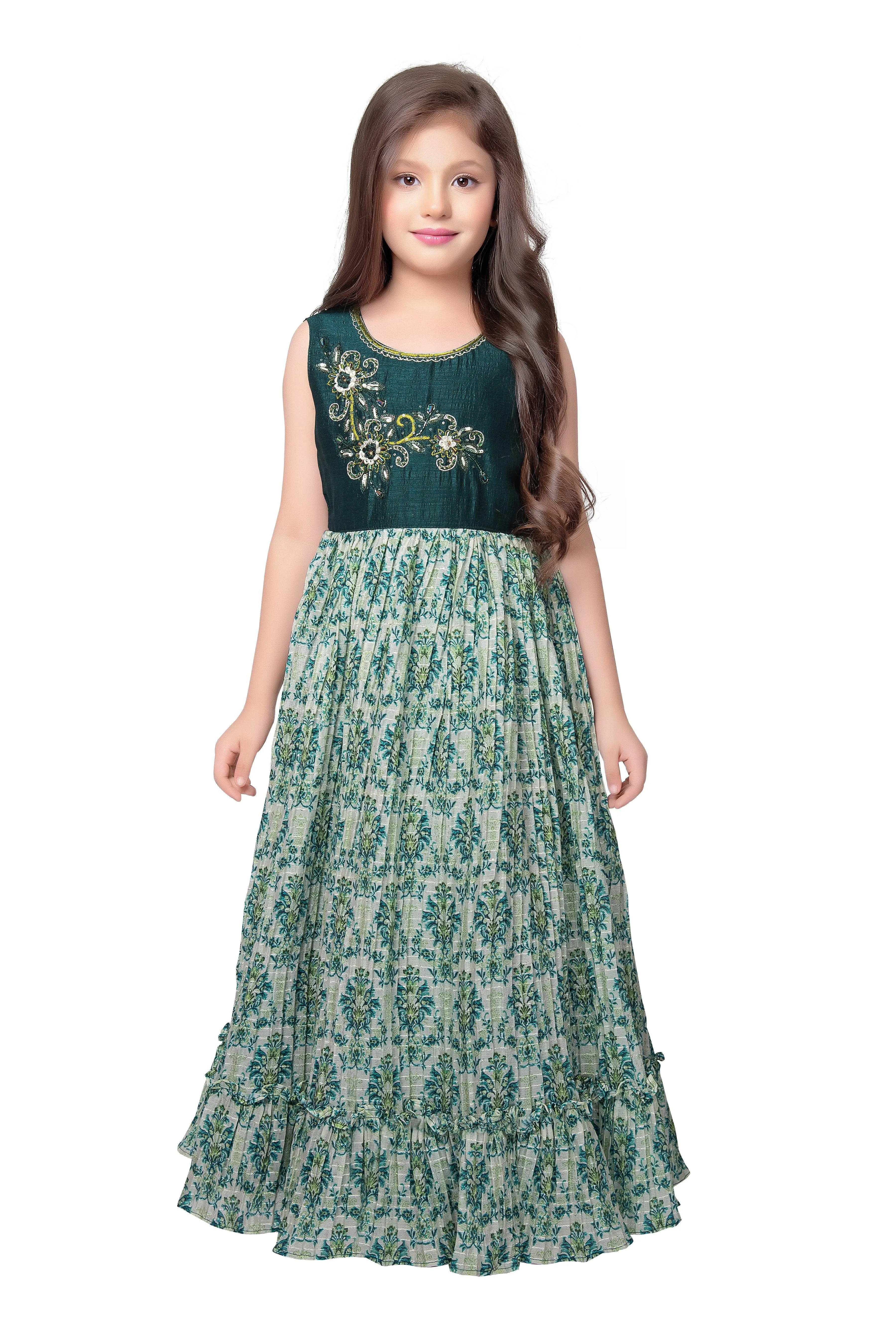 Bottle Green Coloured Ethnic Maxi Dress Gown For Girls