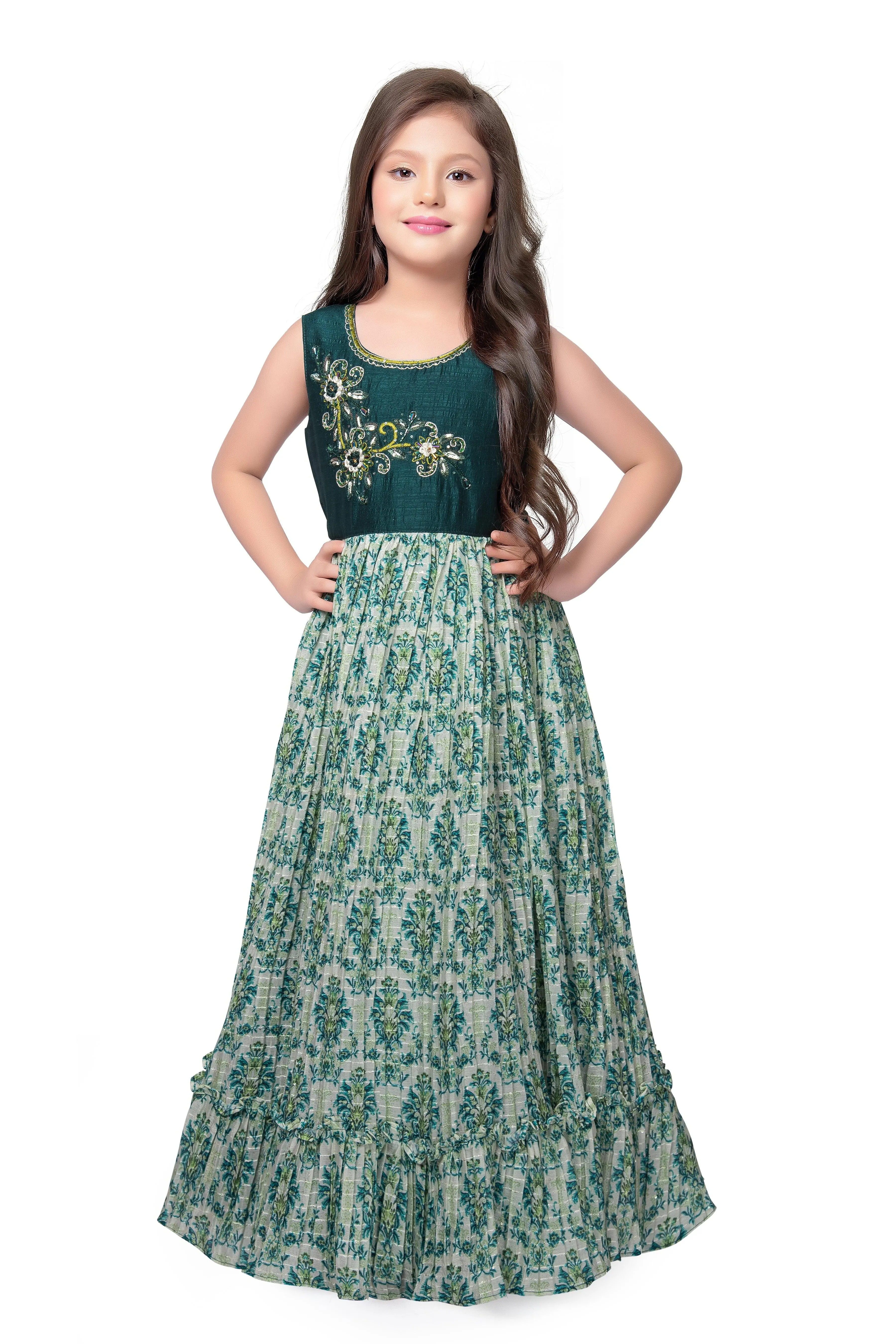 Bottle Green Coloured Ethnic Maxi Dress Gown For Girls